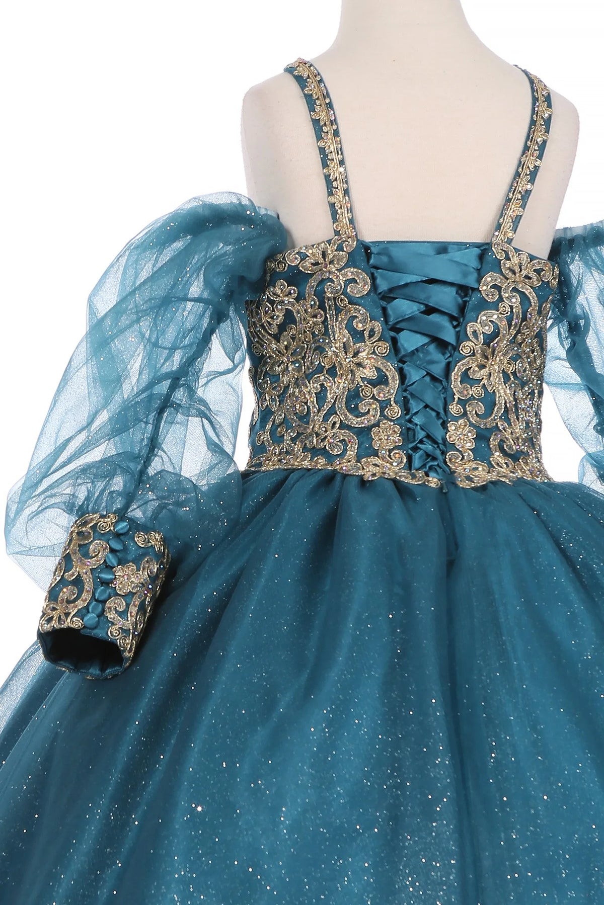 Crossed satin ribbons sit between gold lace panels on the Peacock kids party dress.