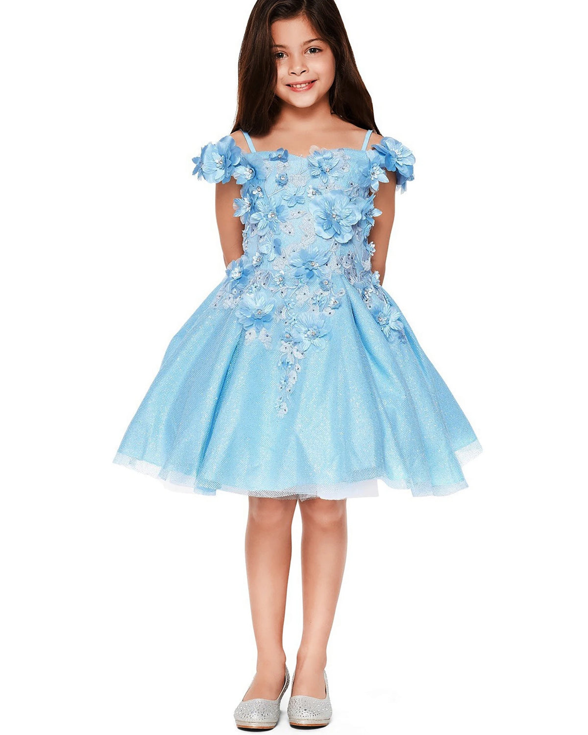 A light blue floral flower girl dress.