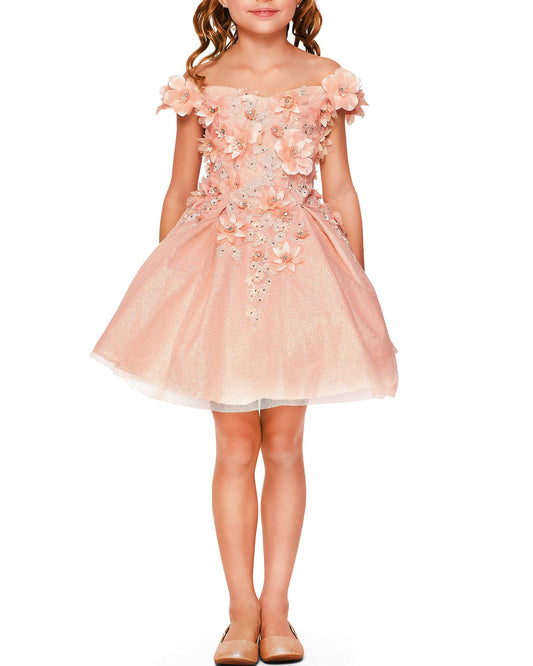 Pink off-shoulder dress with floral details on a white background