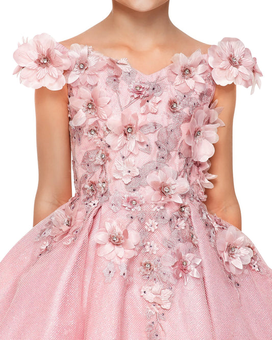 dusty rose floral dress with intricate details on a white background