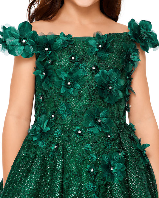 Green floral dress with off-shoulder design on a white background