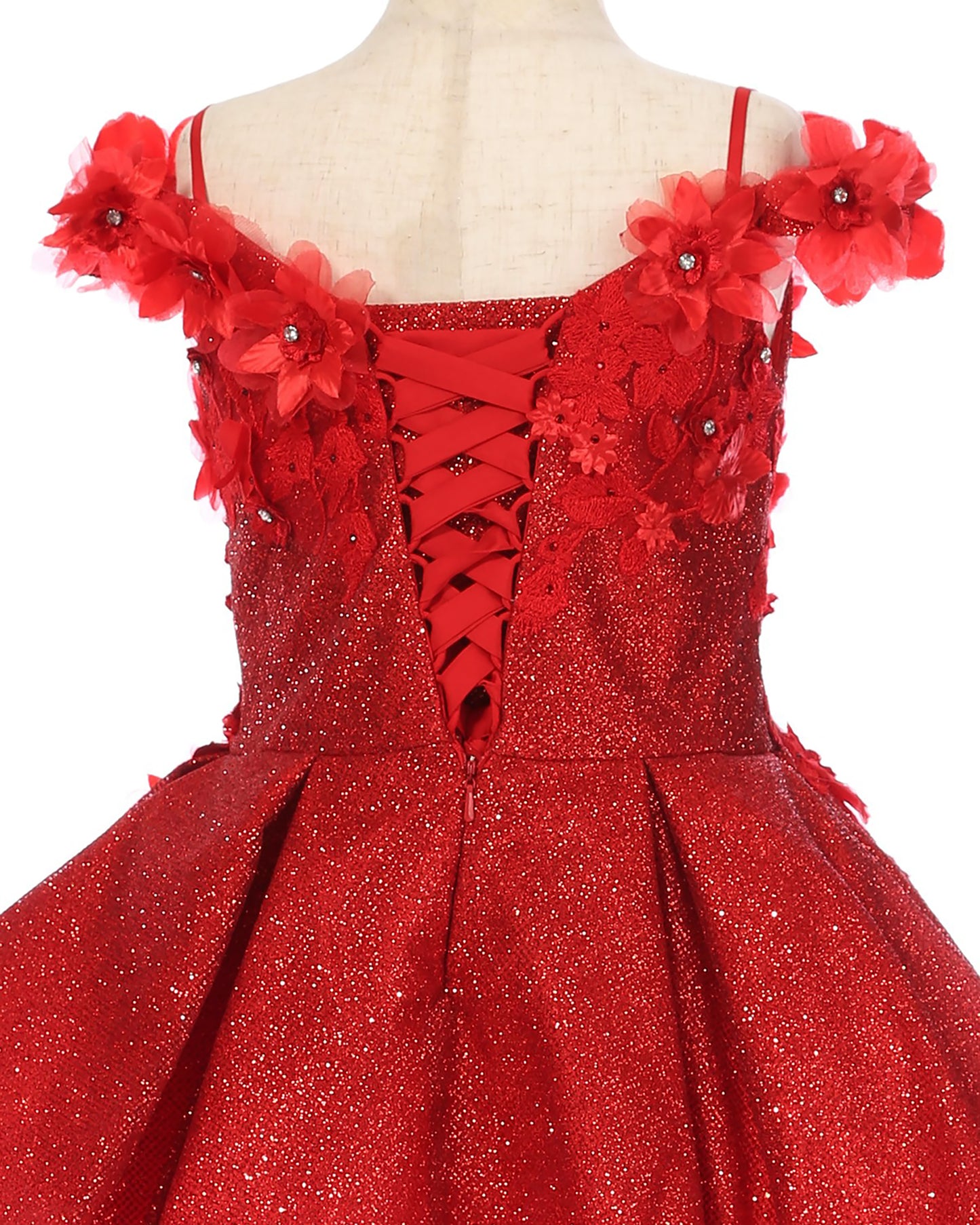 Red glittery dress with floral straps on a mannequin against a white background