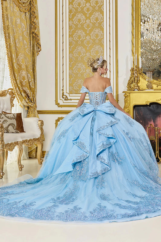 Back Full-length view of Radiant Bahama Blue Corset Quinceañera Ball Gown with Sequins