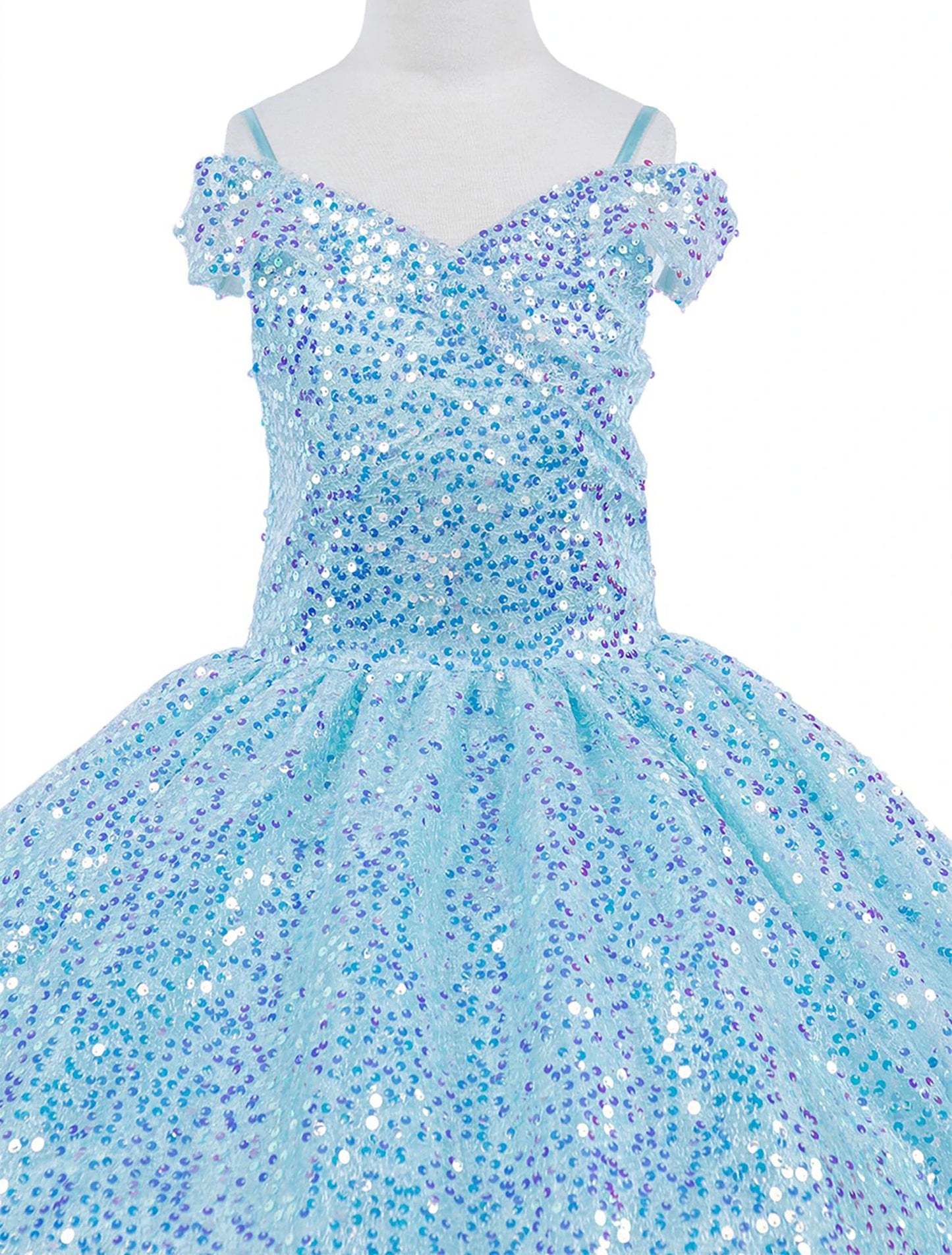 Front view of a kid wearing lilac mini quince dress with glitter tulle sequin lace applique and A-line skirt