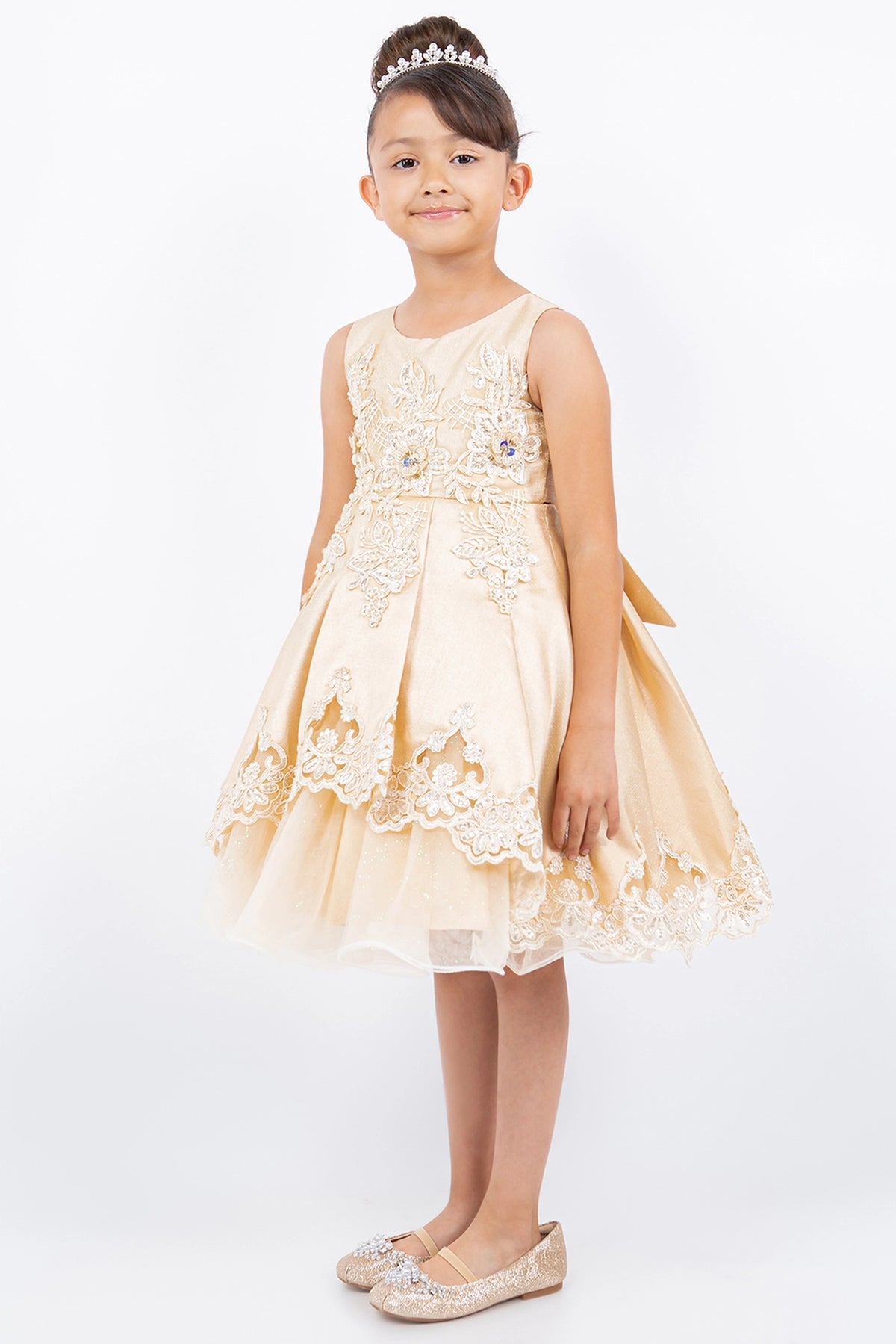 Champagne flower girl dress features embroidered bodice and scalloped lace hem.