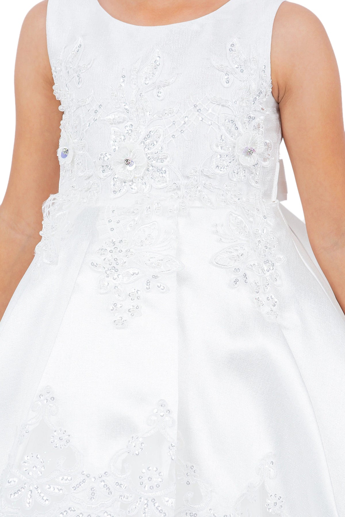 Visible on this Off-White flower girl dress: floral embroidery across the bodice.