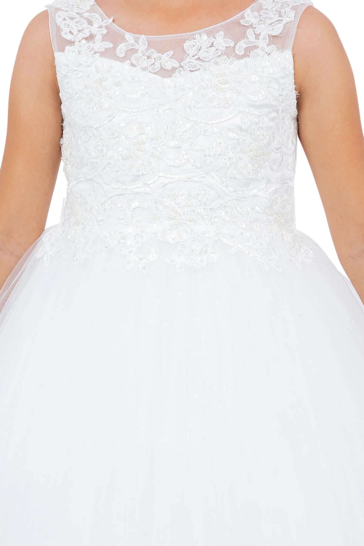 Visible on this Off-White flower girl dress: sheer neckline with floral lace bodice.