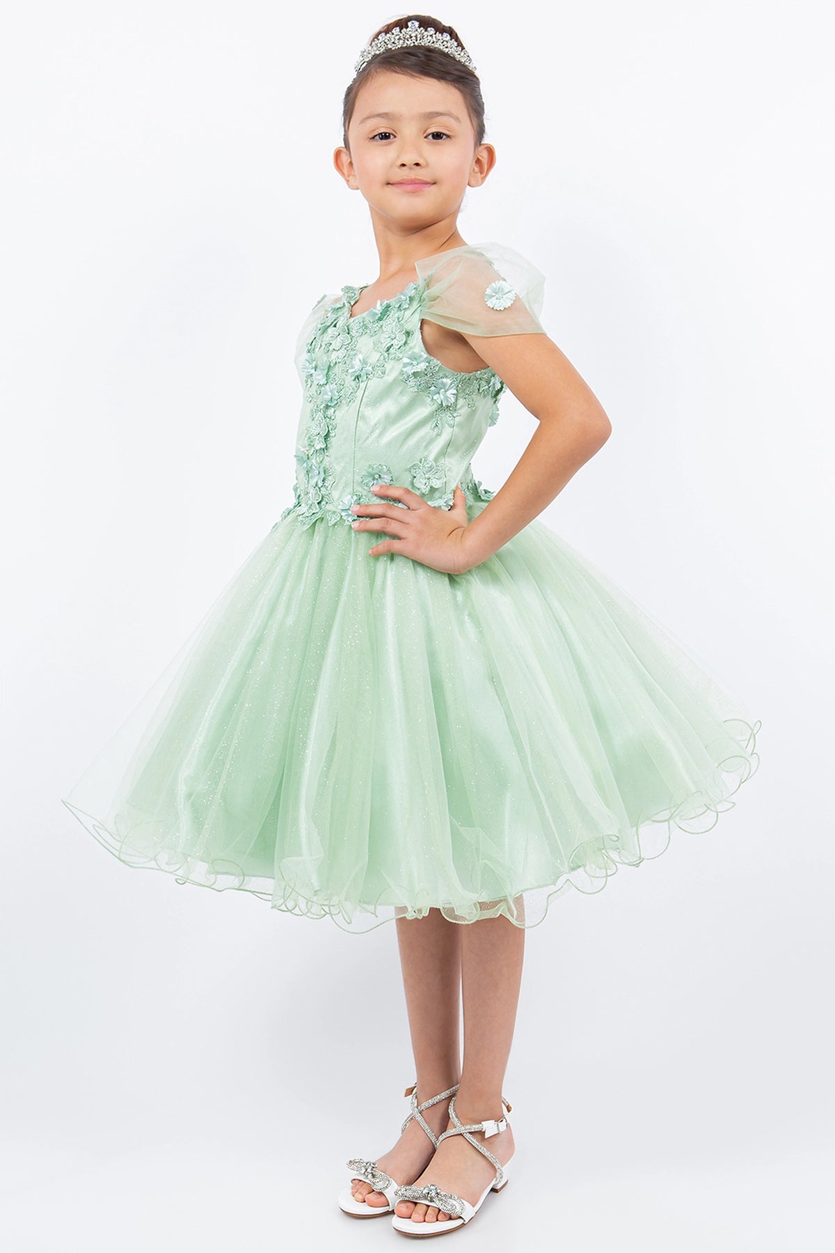Highlighted sheer off-shoulder straps adds character to this Sage kids party dress.