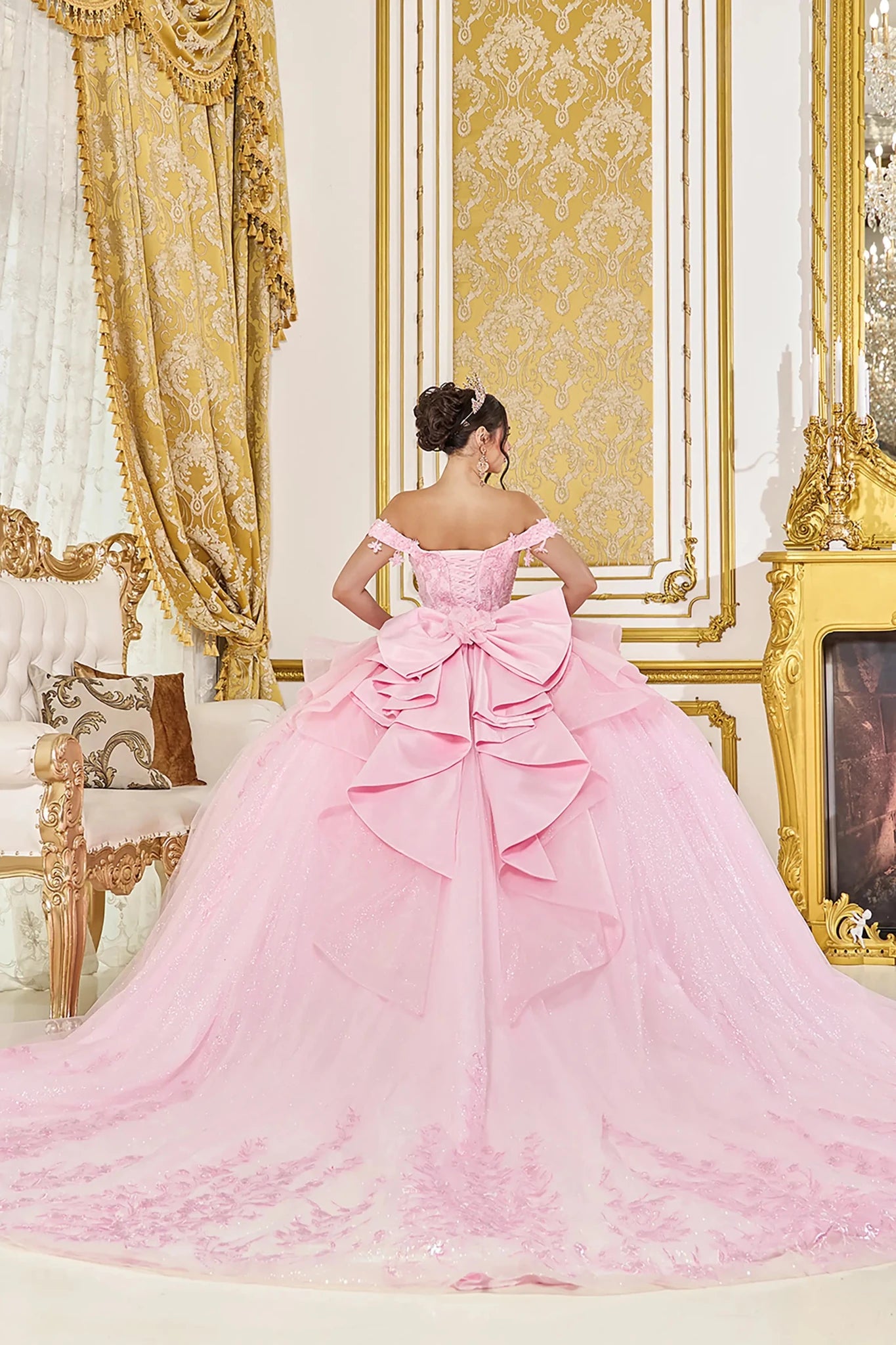 Back Full-length view of Dreamy Pink Off-Shoulder Corset Quinceañera Ball Gown