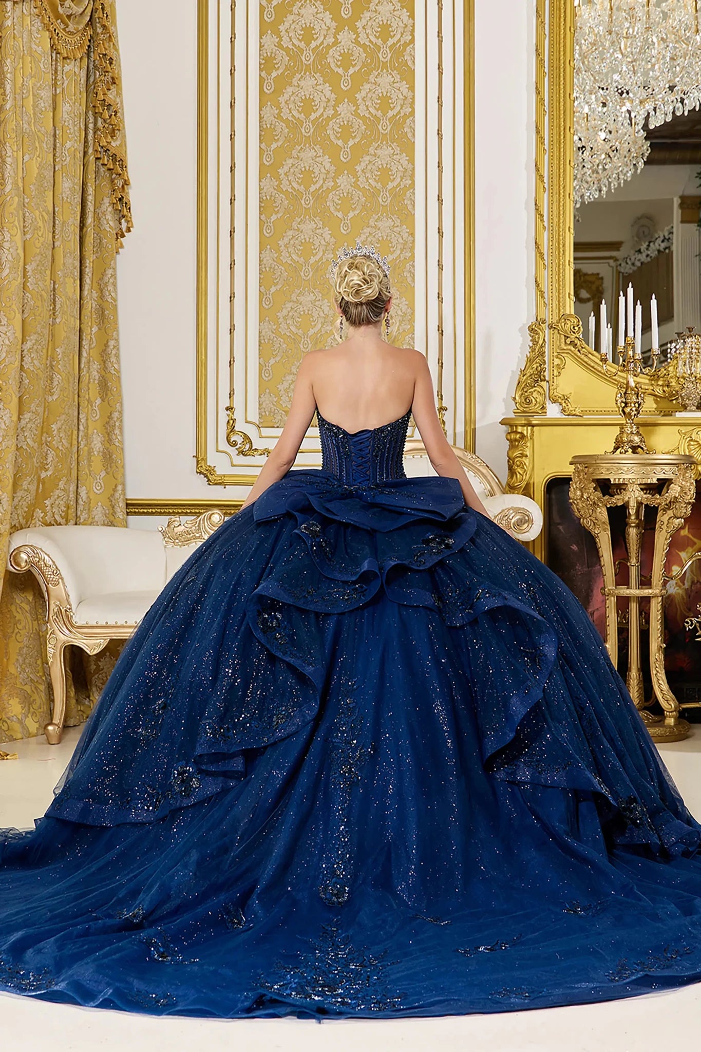 Back Full-length view of Regal Navy Corset Quinceañera Ball Gown with Beaded Details