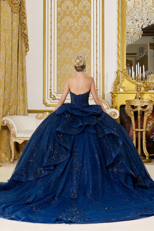 Back Full-length view of Regal Navy Corset Quinceañera Ball Gown with Beaded Details