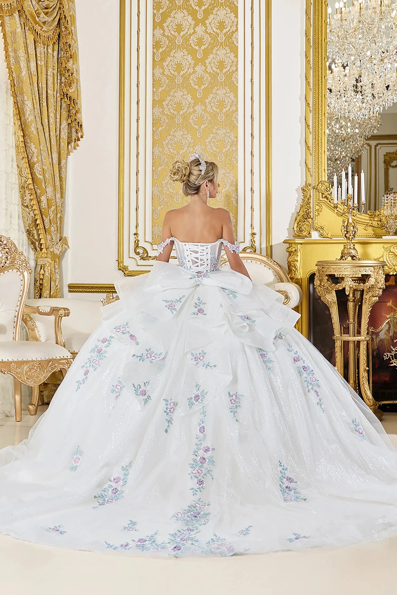 Back Full-length view of Graceful Off White Off-Shoulder Corset Quinceañera Ball Gown