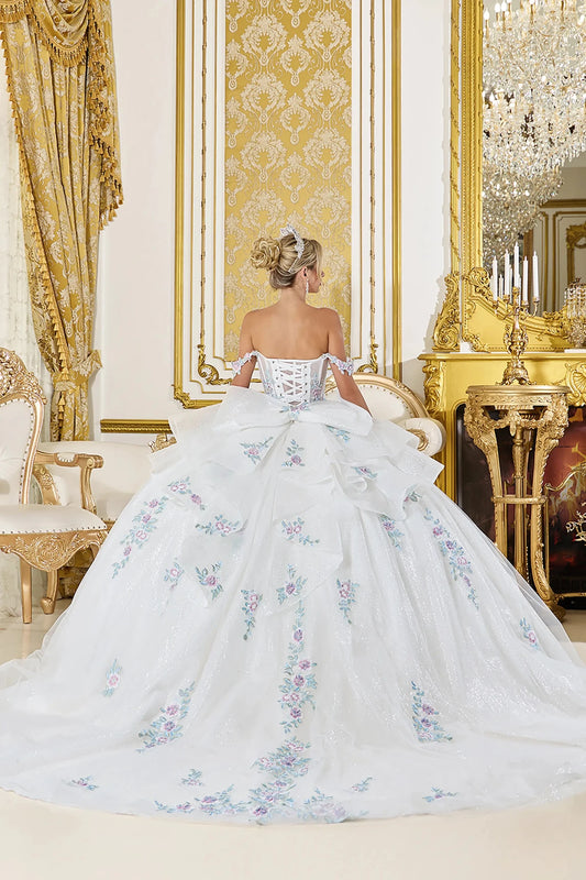 Back Full-length view of Graceful Off White Off-Shoulder Corset Quinceañera Ball Gown