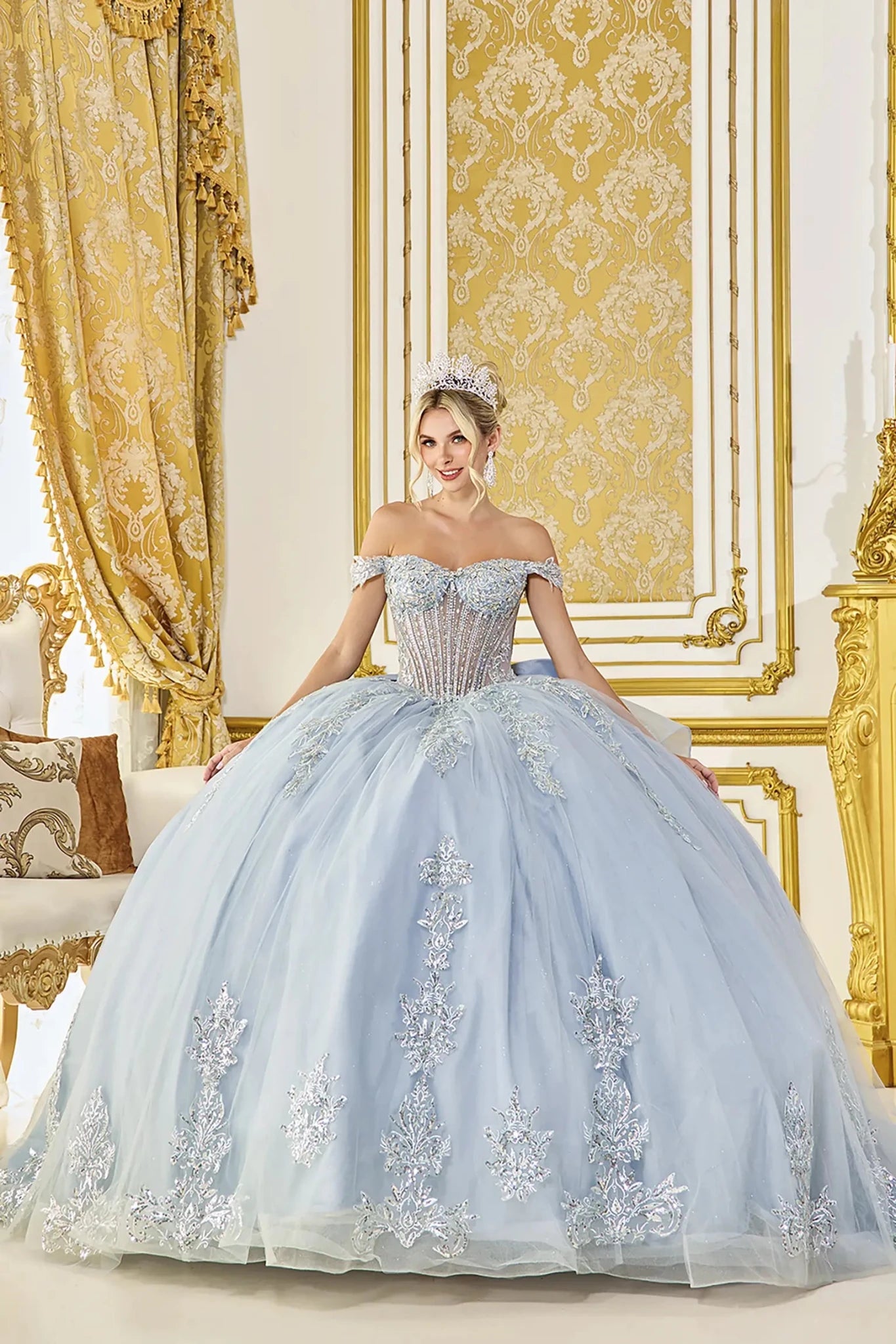 Dusty Blue Quinceañera Dress with Beaded Corset and Layered Tulle XS / Blue
