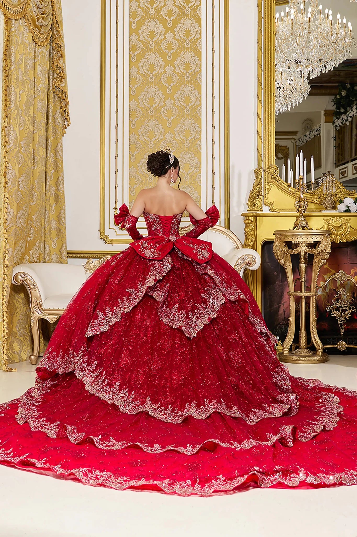 Back Full-length view of Dazzling Red Strapless Corset Quinceañera Ball Gown with Bow Sleeves