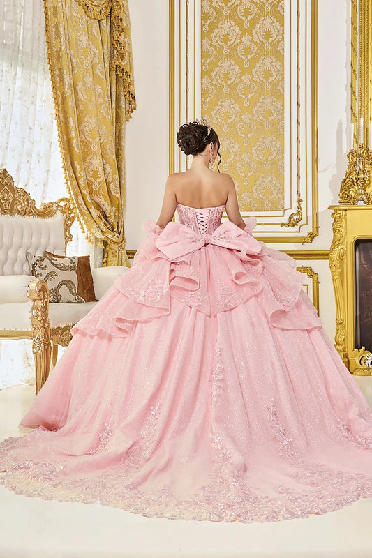 Back Full-length view of Stunning Blush Strapless Corset Quinceañera Ball Gown with Sleeves