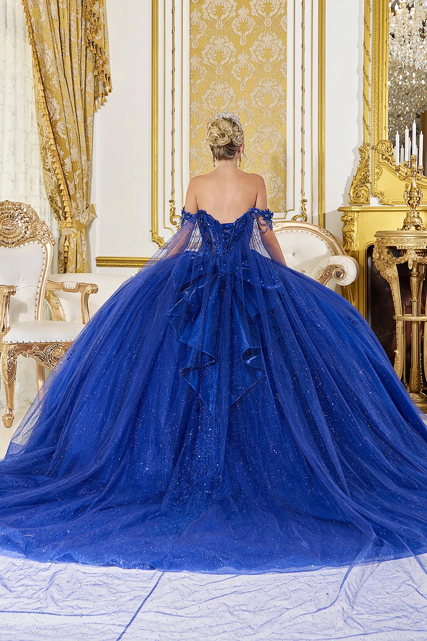 Back Full-length view of Majestic Royal Blue Illusion Corset Quinceañera Ball Gown