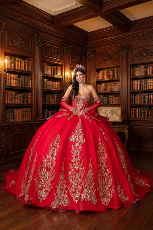 woman wearing red off-shoulder ball gown quinceañera dress with embroidered corset bodice, ornate appliqué, and sweetheart neckline