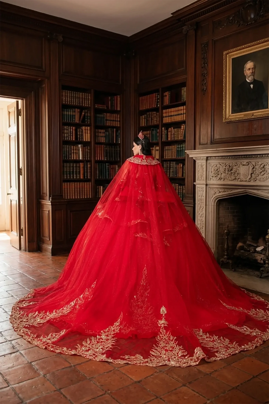 Woman back-facing in red off-shoulder ball gown quinceañera dress with lace-up corset bodice, ornate appliqué, detachable hooded cape, and cascading tulle skirt