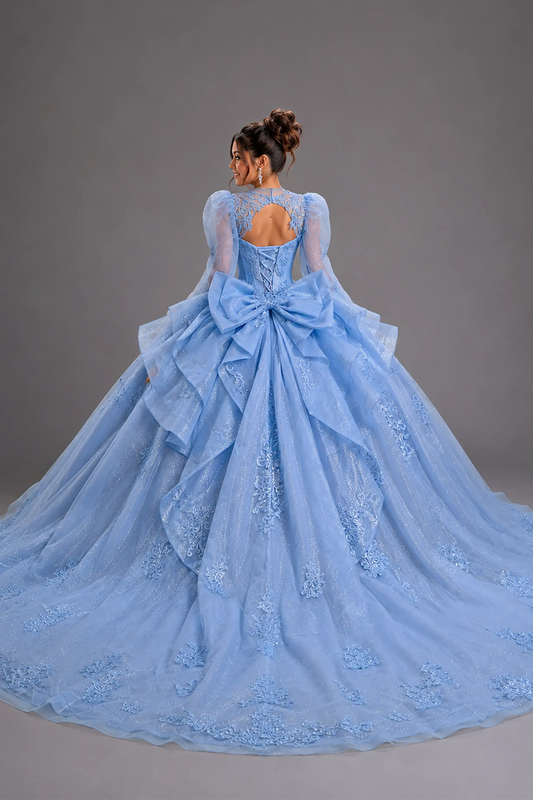 Back view of a woman wearing bahama blue quinceañera dress featuring corset back design, tiered ruffle skirt, and glitter tulle