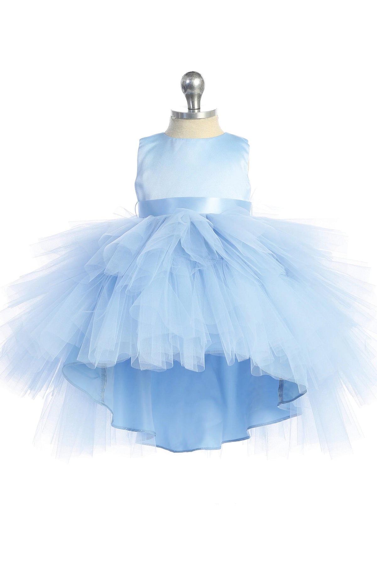 Visible details on the Sky Blue kids pageant dress include a satin bodice and layered high-low tulle.