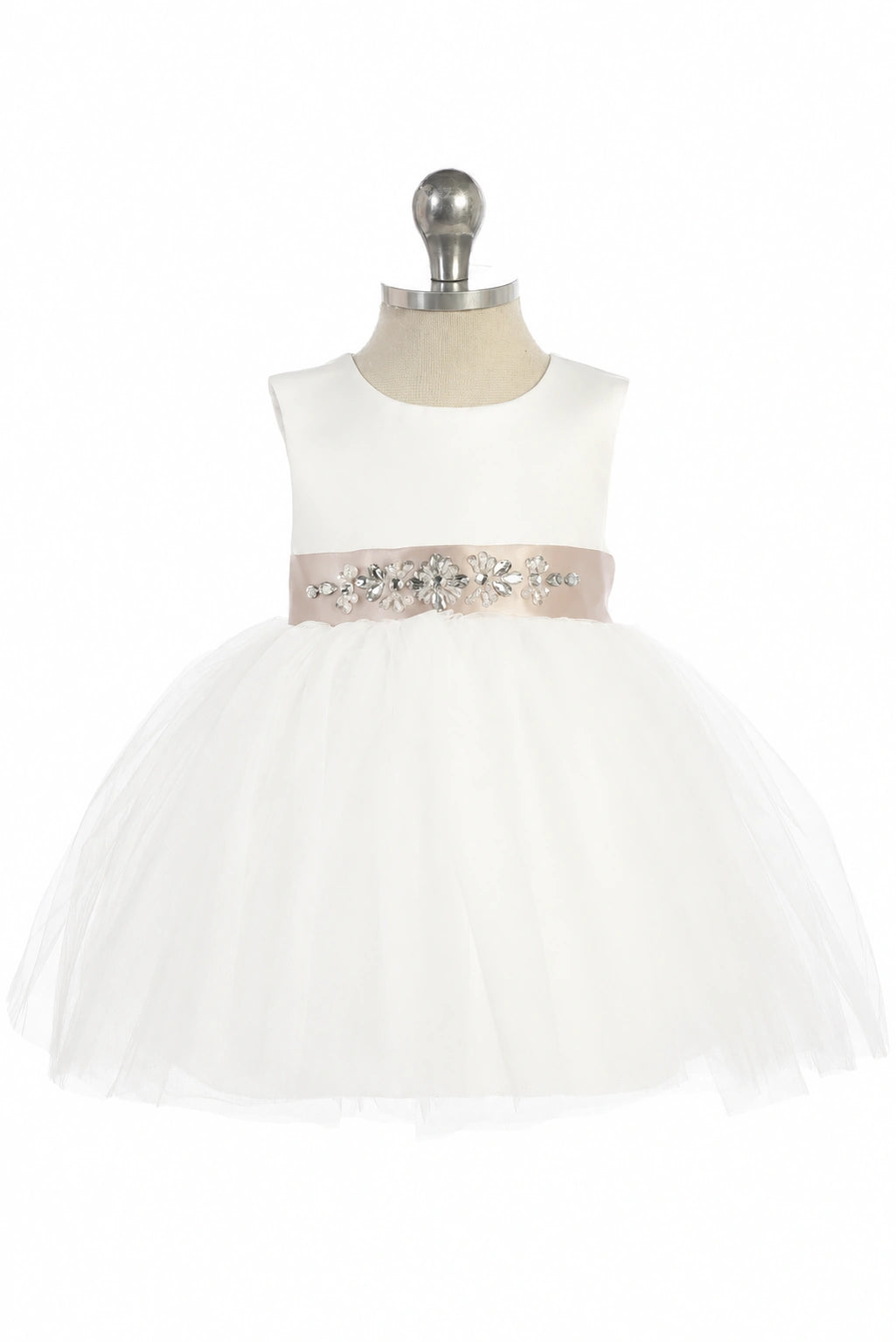 Off-White flower girl dress with a jeweled satin sash.