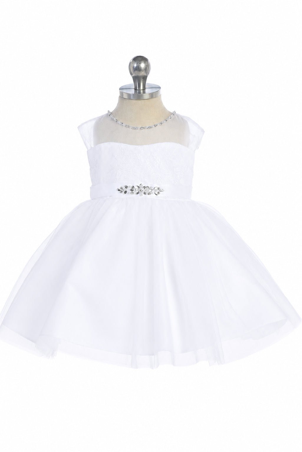 Sparkle rings the sheer neckline of a white flower girl dress.
