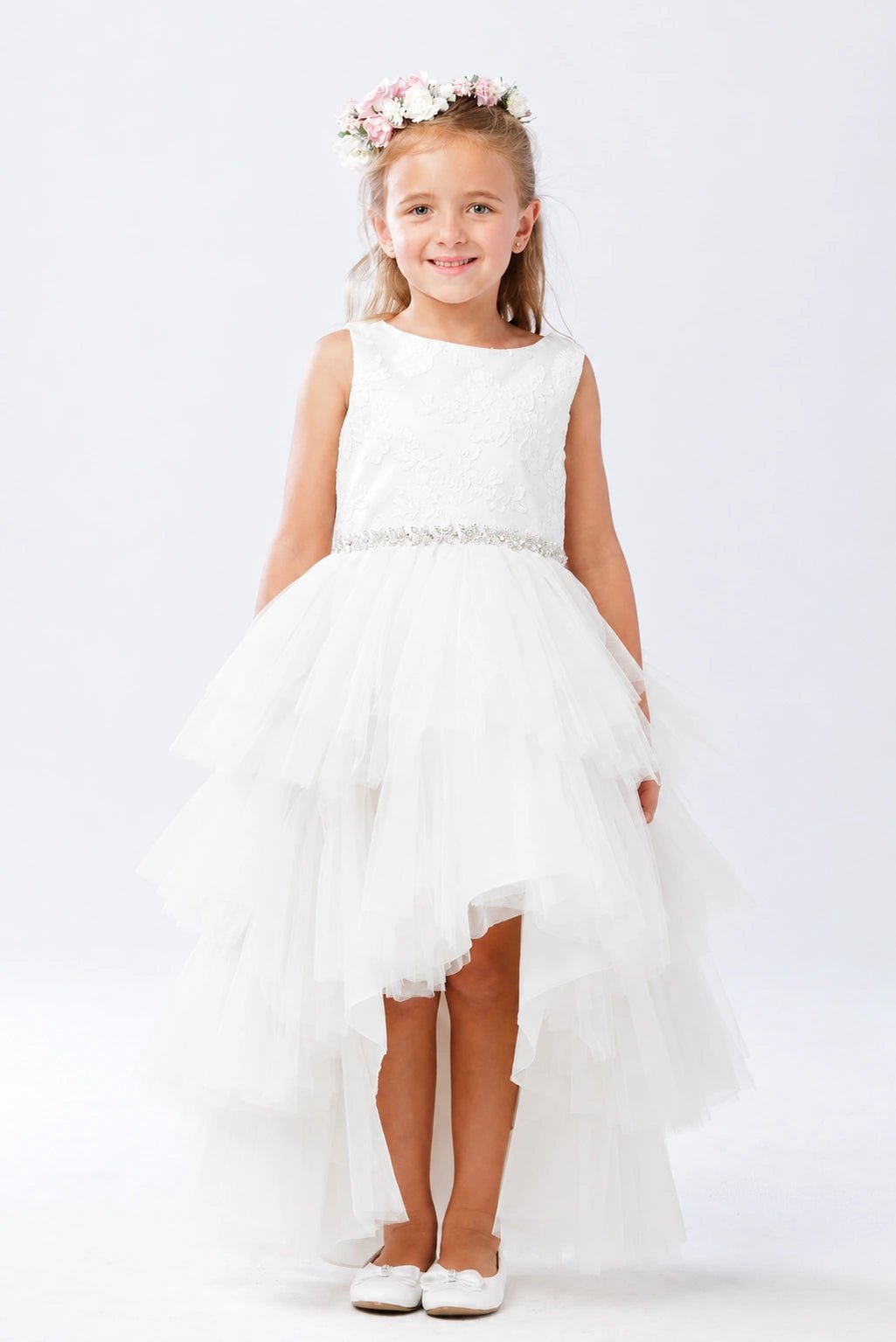 Off-White flower girl dress, showing high-low skirt tiers.