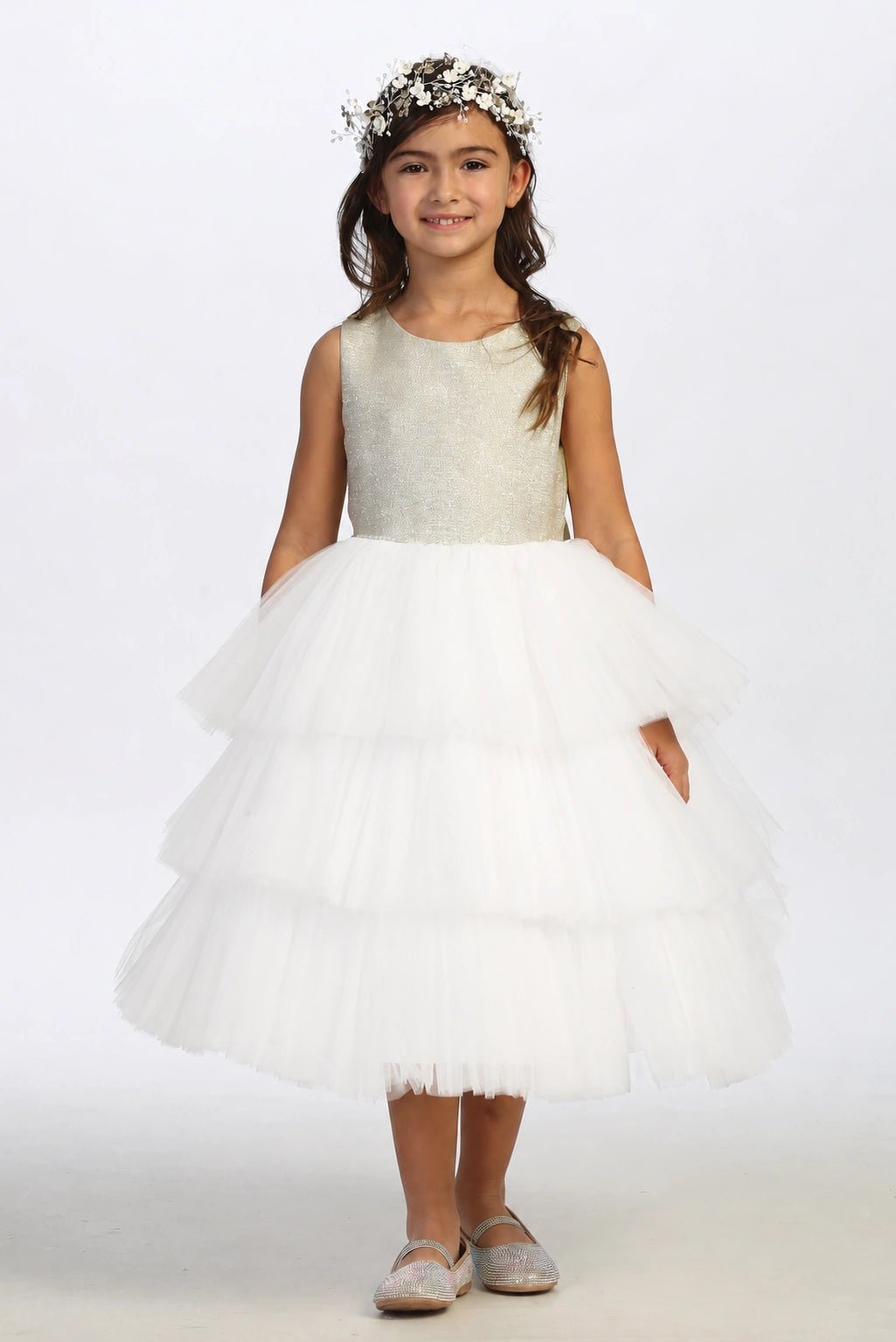 Off-White/Gold flower girl dress with a metallic glitter bodice.