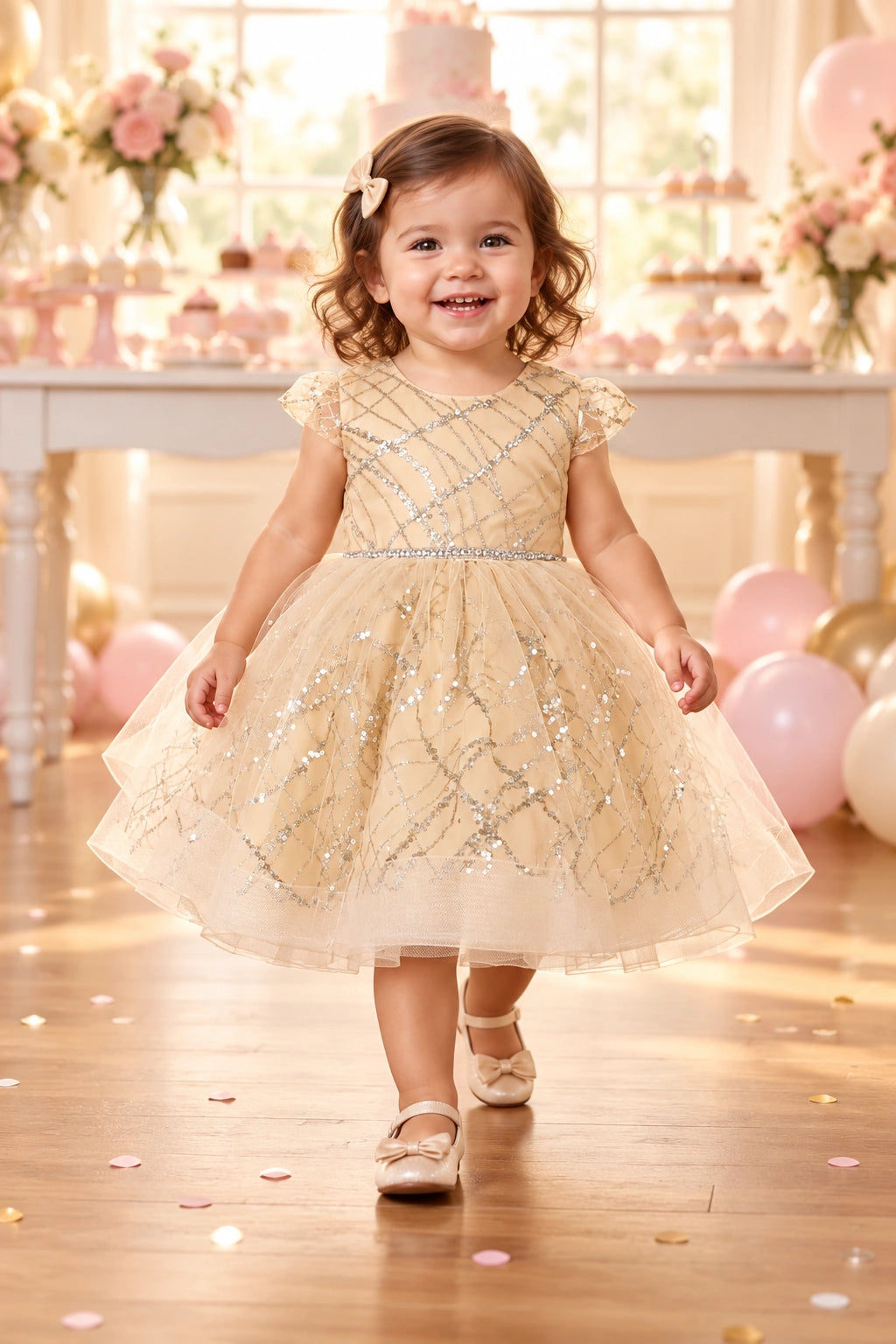 Champagne baby and toddler dress with a glitter crosshatch pattern and full tulle skirt.