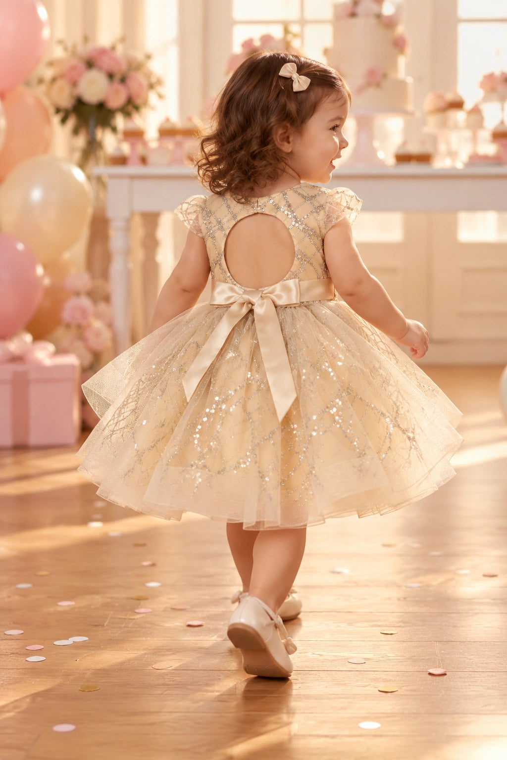Angled back view of the champagne baby and toddler dress with a bow and glitter-patterned tulle skirt.