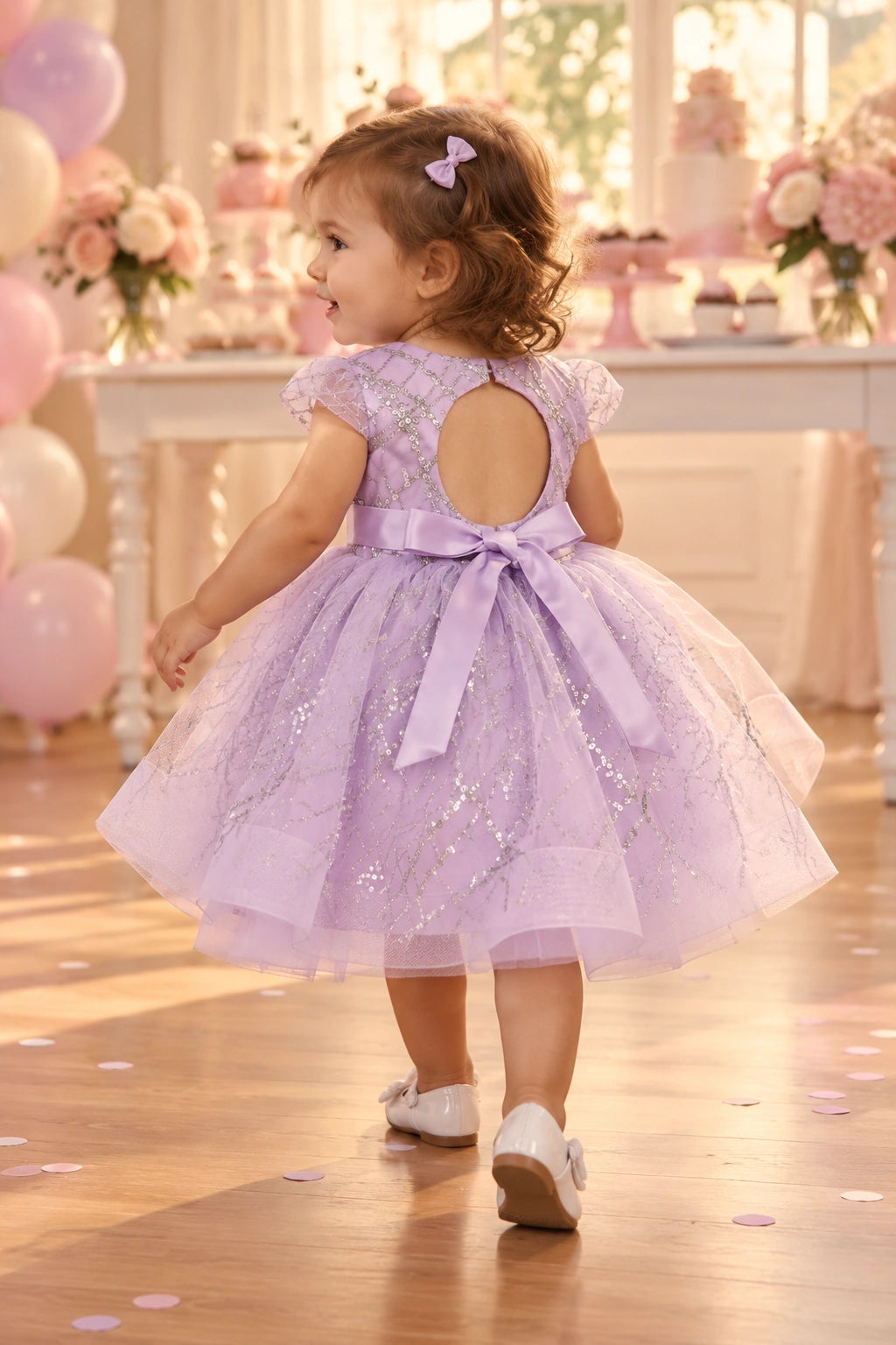 Angled back view of the lilac baby and toddler dress with a bow and glitter-patterned tulle skirt.