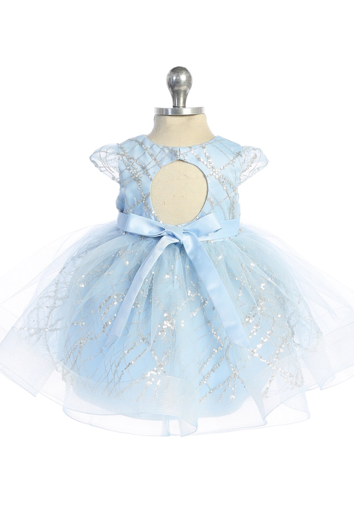 The Sky Blue kids pageant dress has a tied sash across the back waist.