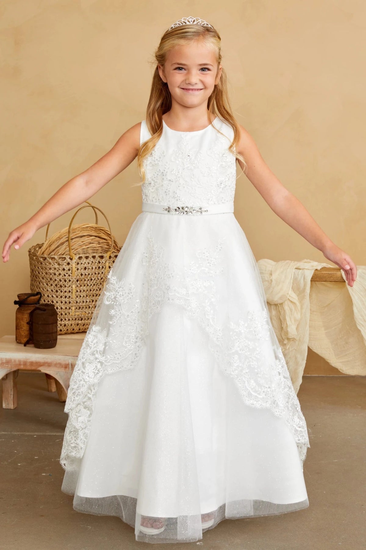 Front view of the ivory sequin lace with a tulle peplum flower girl dress.