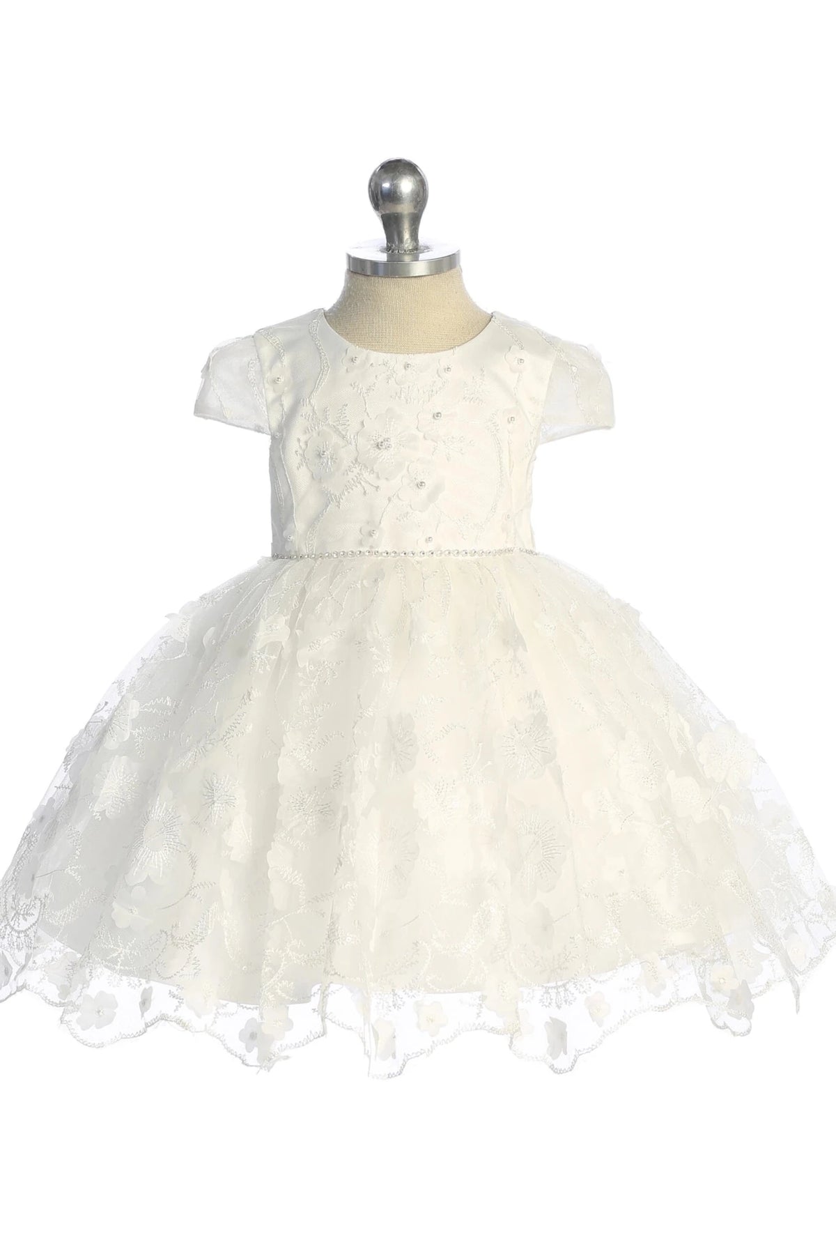 Front view of the ivory 3d floral lace with pearls and sequins flower girl dress.