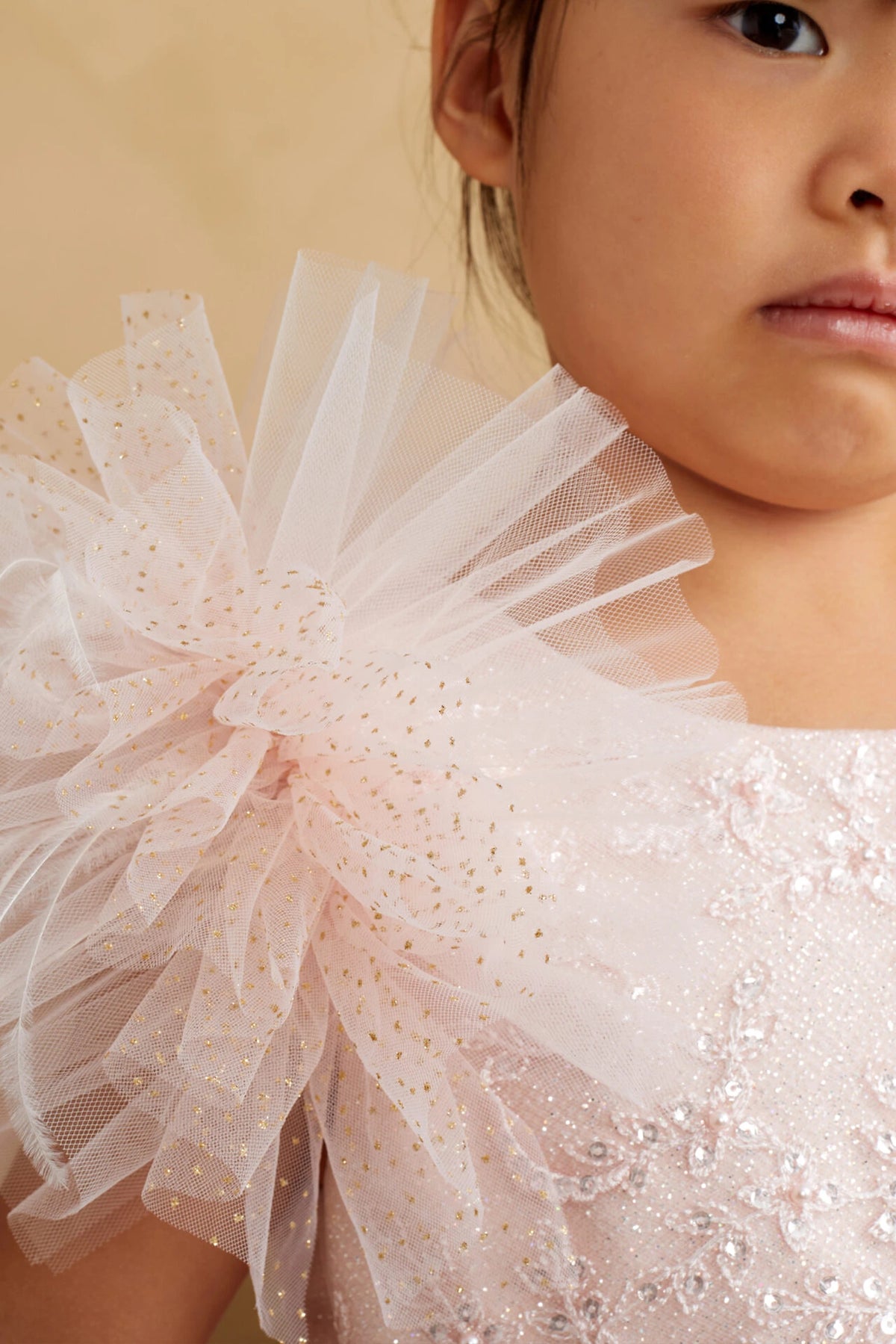 Seen from up close, this Blush kids pageant dress displays feathers and tulle around the shoulder.
