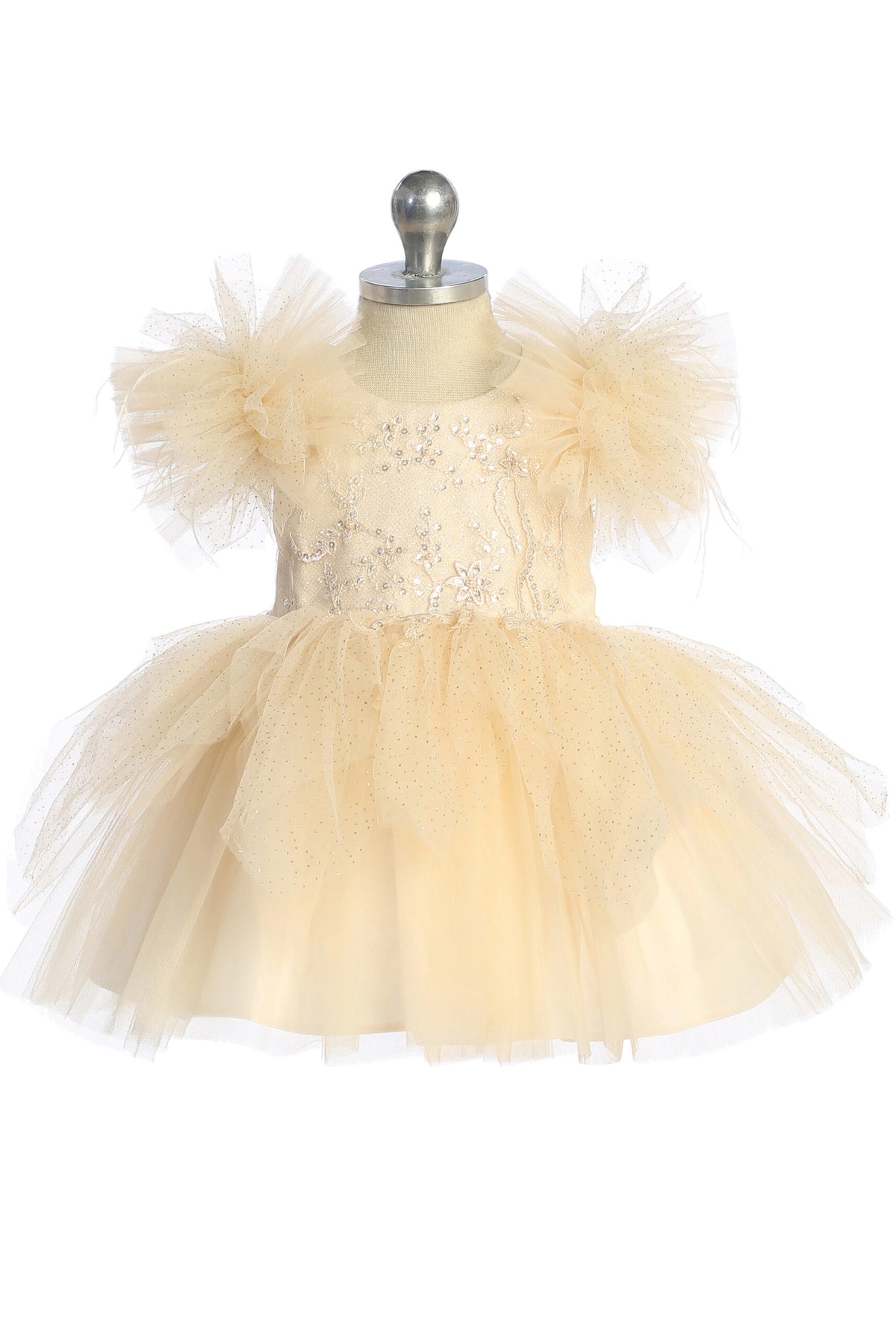 The Champagne kids pageant dress has feather-trimmed flutter sleeves.
