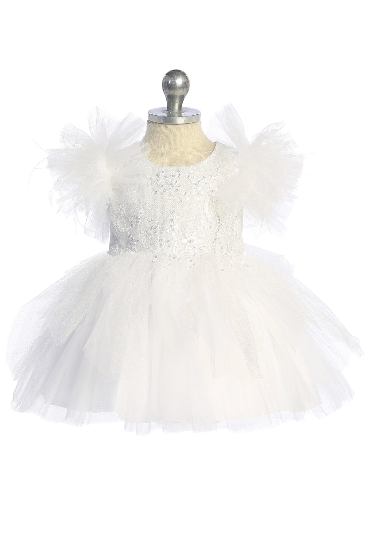 The White kids pageant dress has feather-trimmed flutter sleeves.