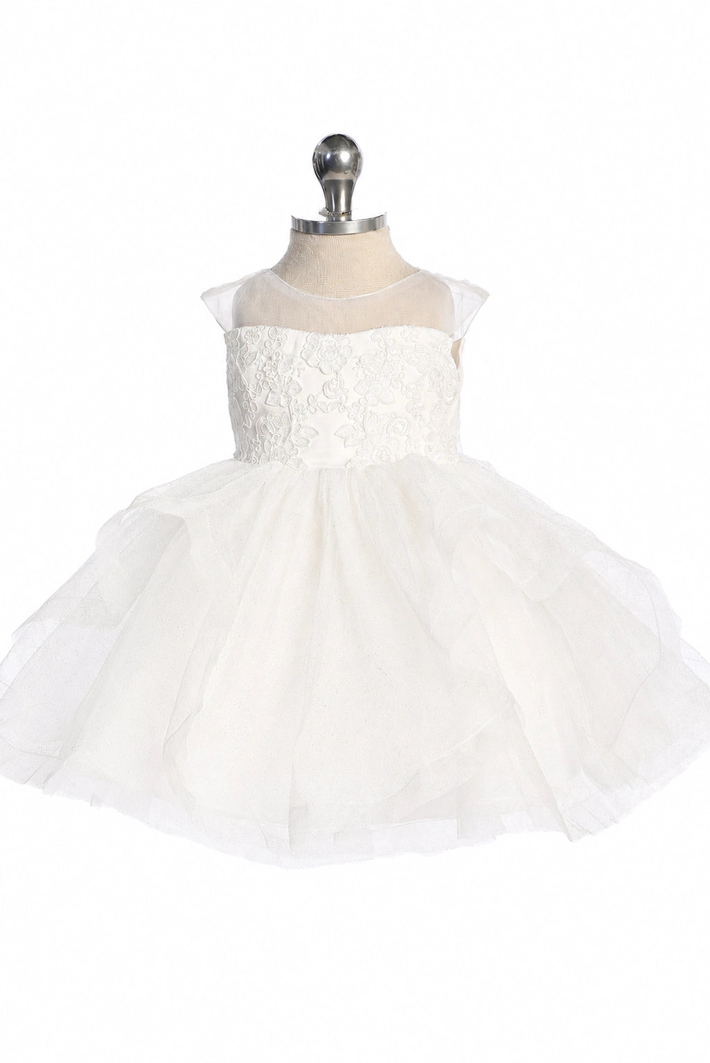 Off-White flower girl dress, showing a textured lace bodice.