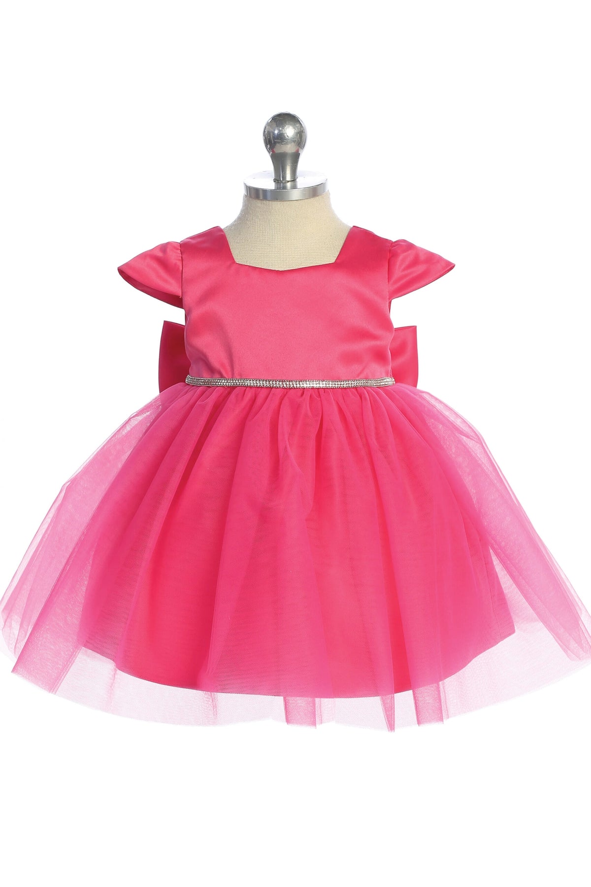 Visible details on the Fuchsia kids pageant dress include a square satin neckline and tulle skirt.