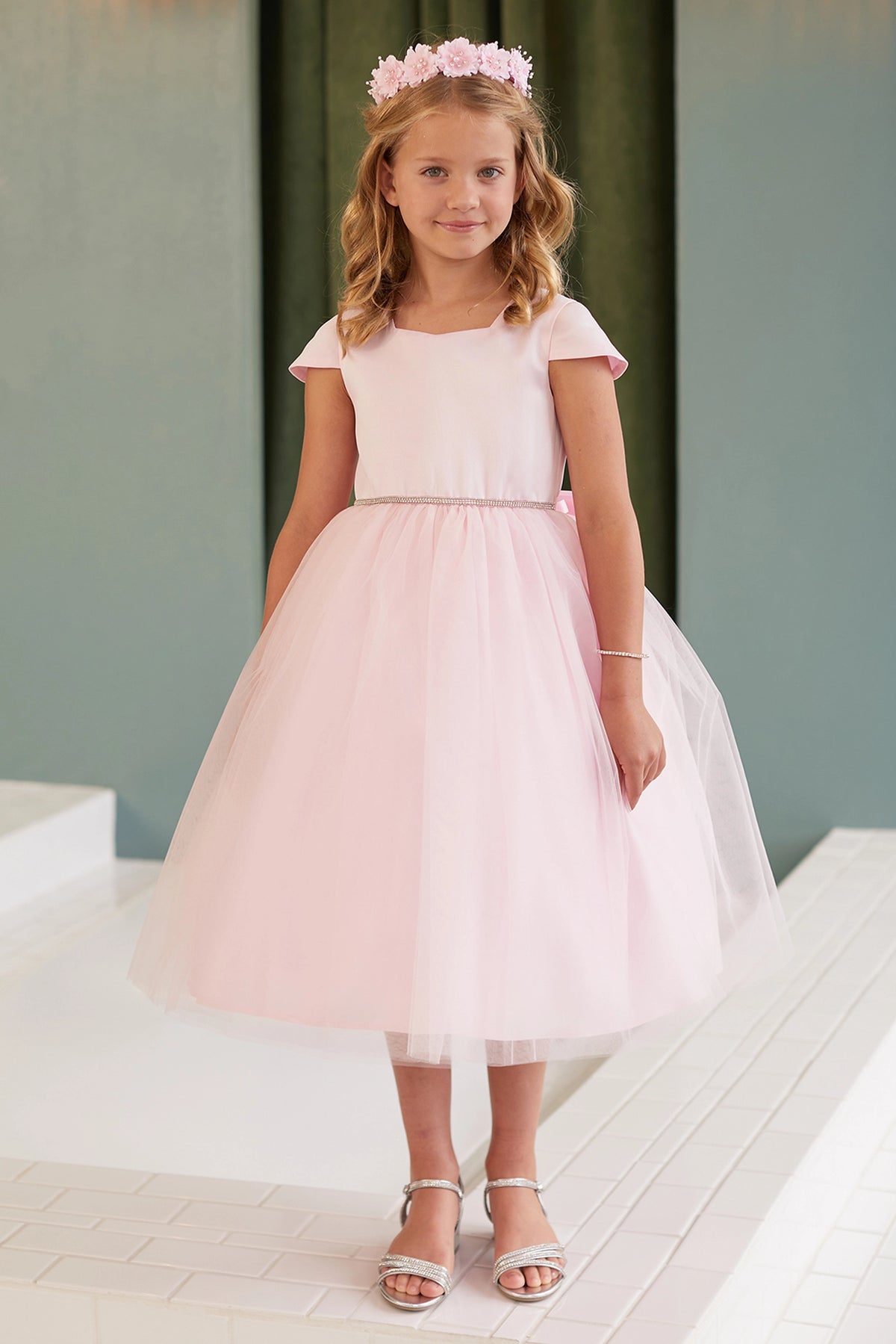 Pink kids pageant dress featuring a square satin neckline and tulle skirt.