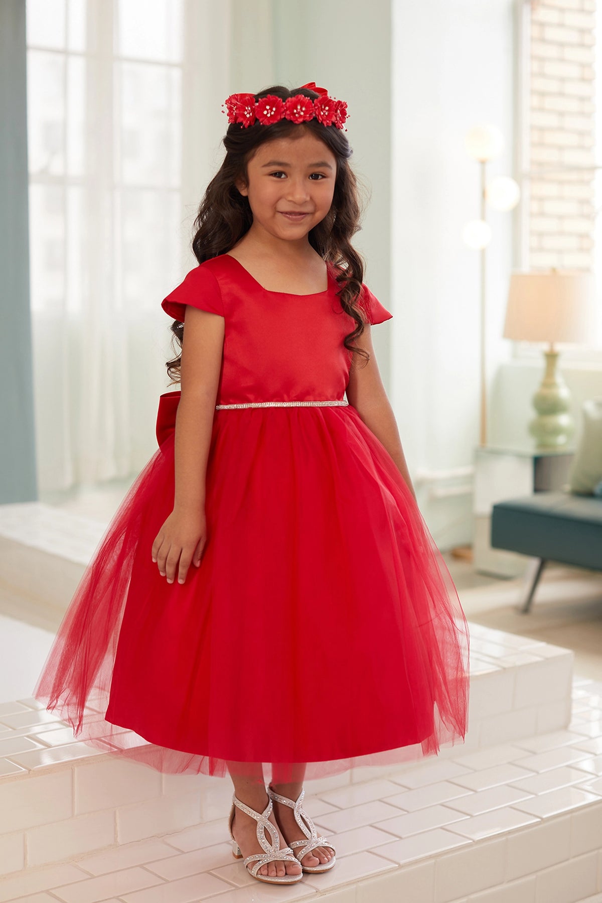Red kids pageant dress featuring a square satin neckline and tulle skirt.