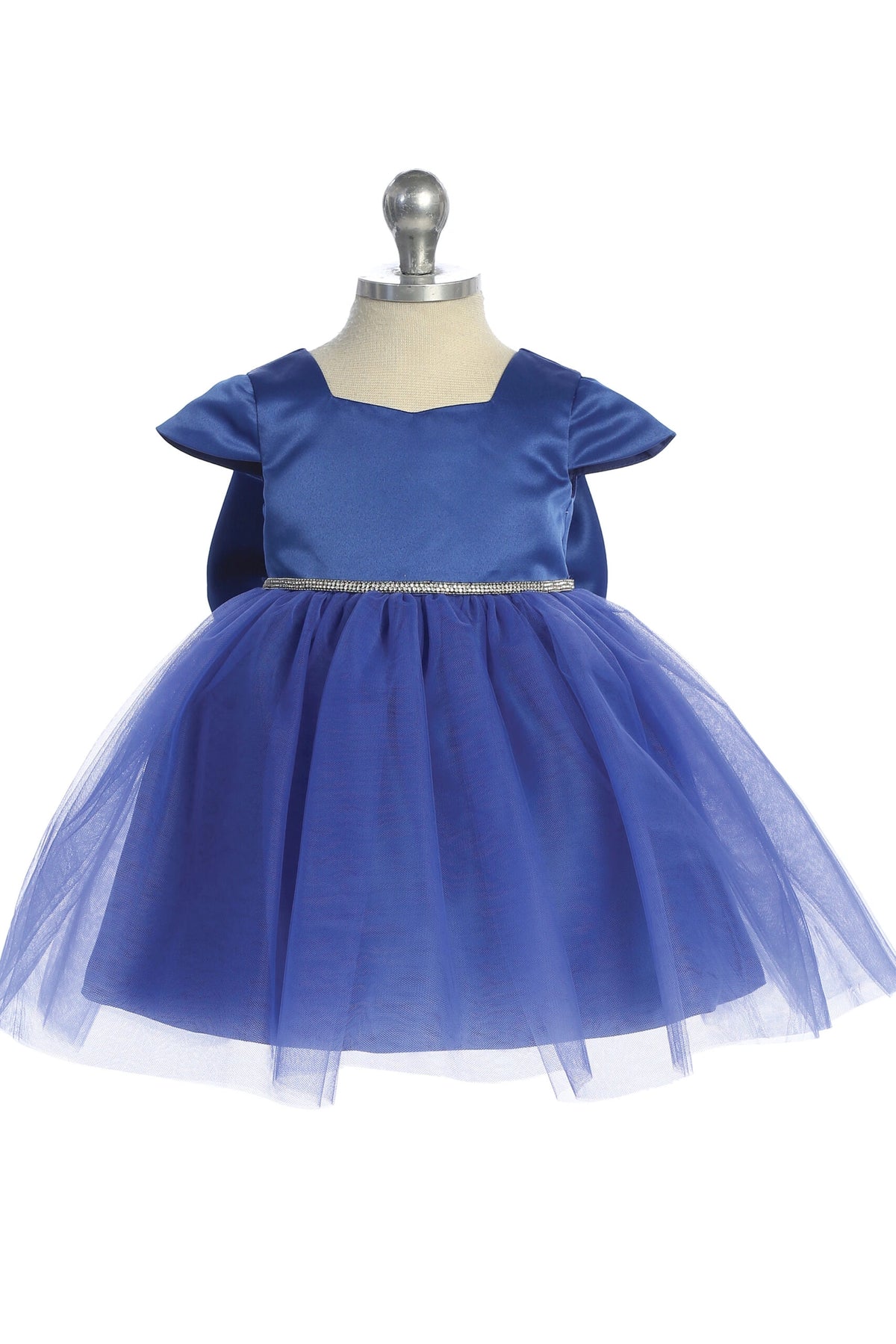 The Royal Blue kids pageant dress has a square satin neckline and tulle skirt.