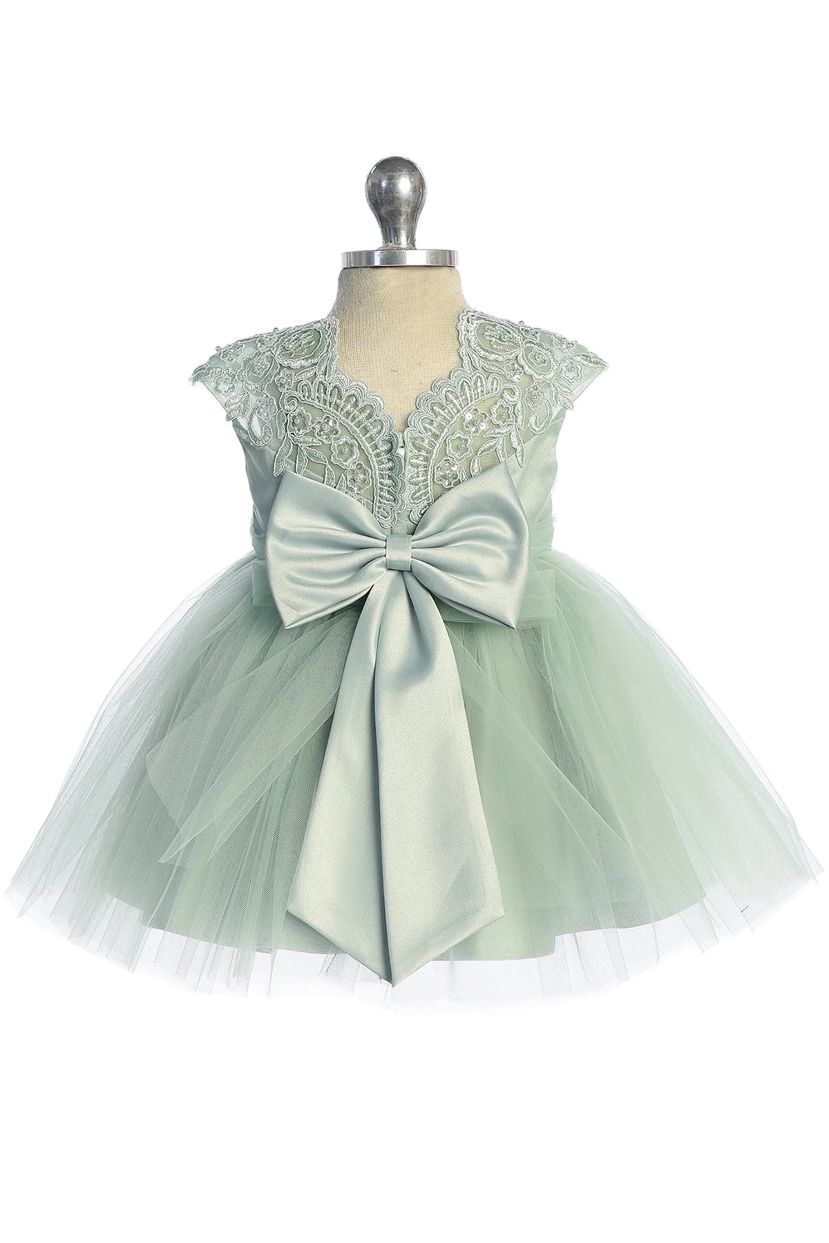 Defined by an oversized satin bow, this sage flower girl dress.