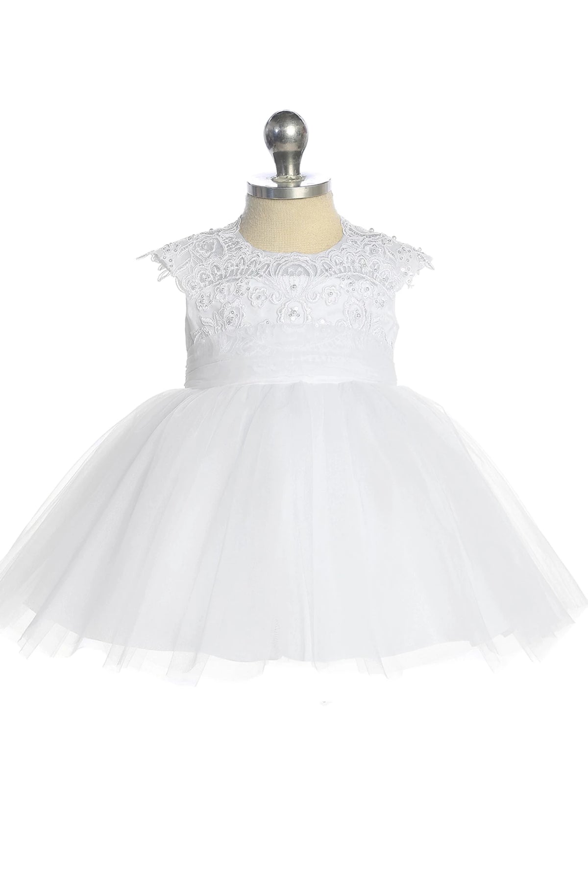 This white flower girl dress displays a floral lace bodice.