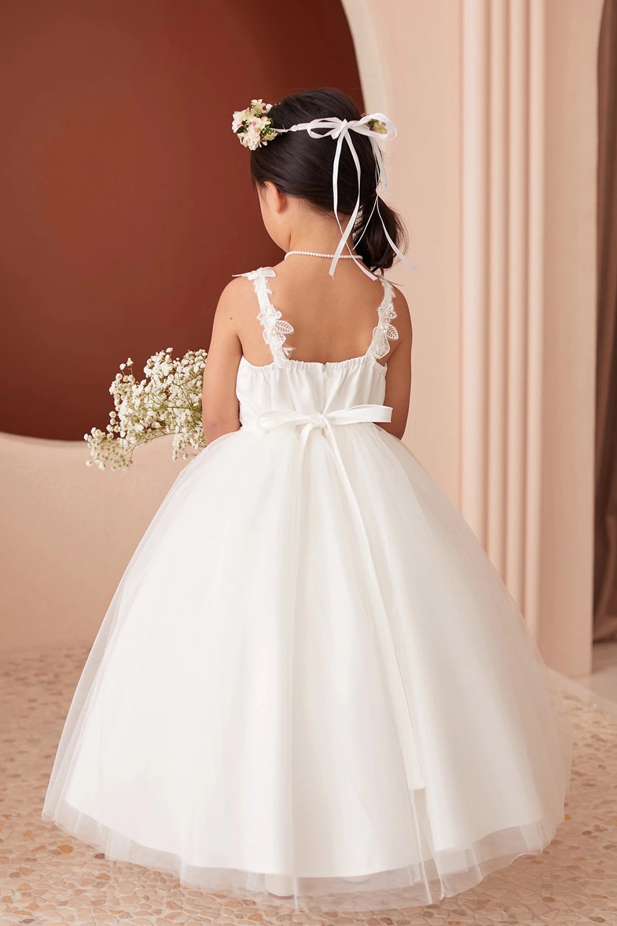 Off-White Spaghetti Strap Satin with 3D Flowers Flower Girl Dress