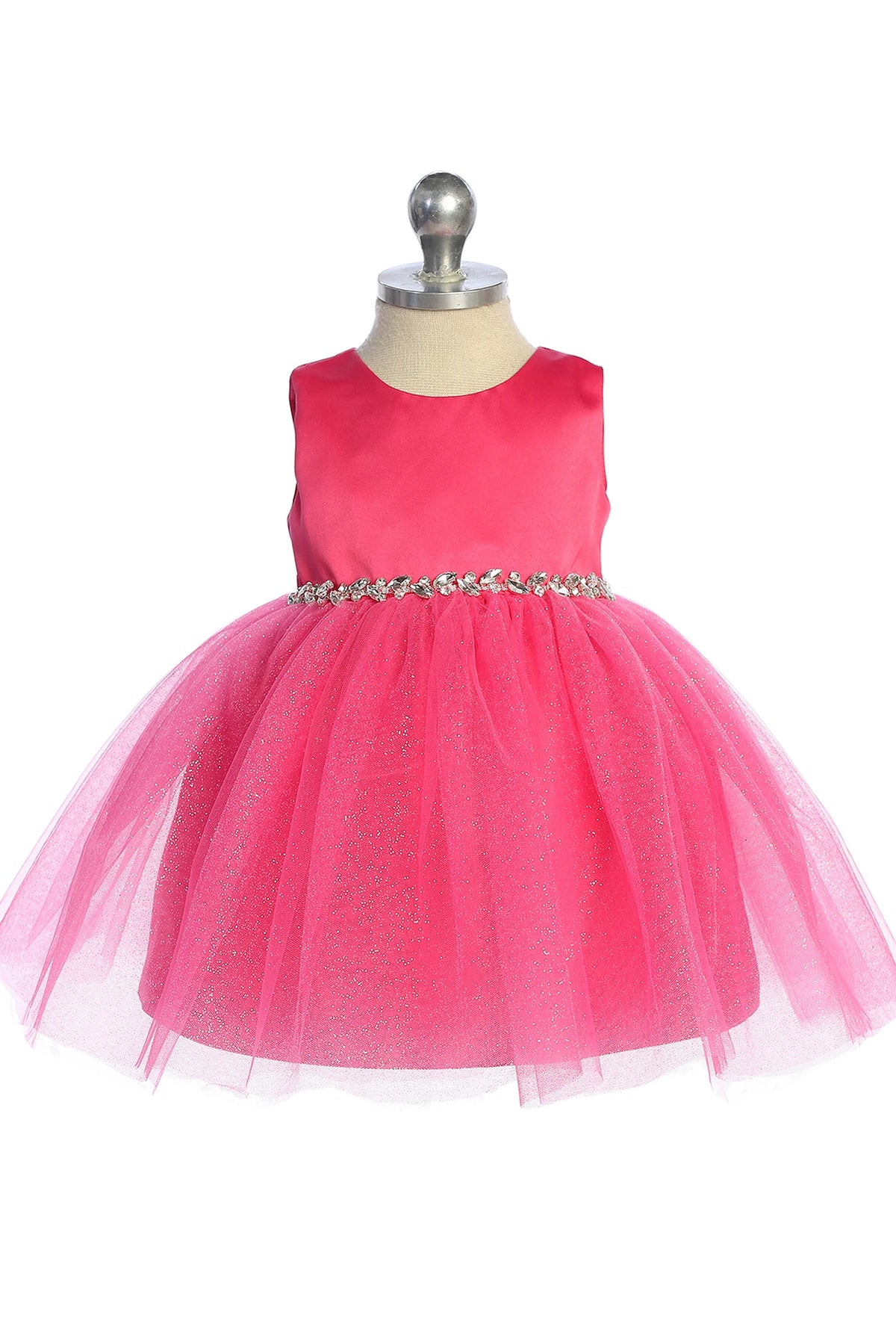 The Fuchsia kids pageant dress has a satin bodice and sparkling tulle skirt.