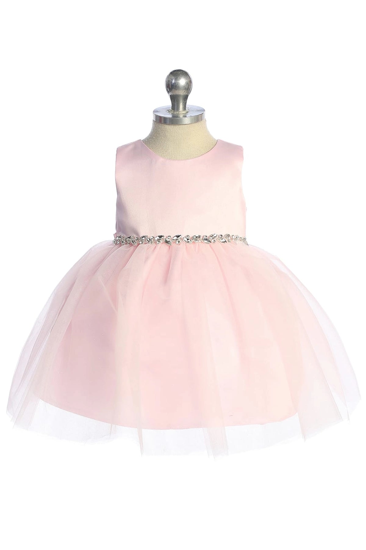 On the Pink kids pageant dress, the detailing includes a satin bodice and sparkling tulle skirt.