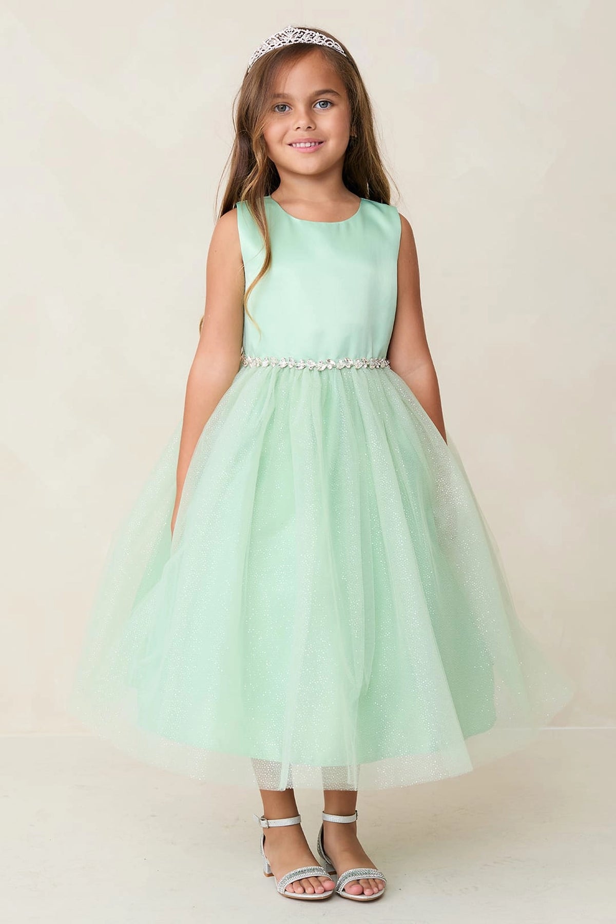 Sage kids pageant dress featuring a satin bodice and sparkling tulle skirt.