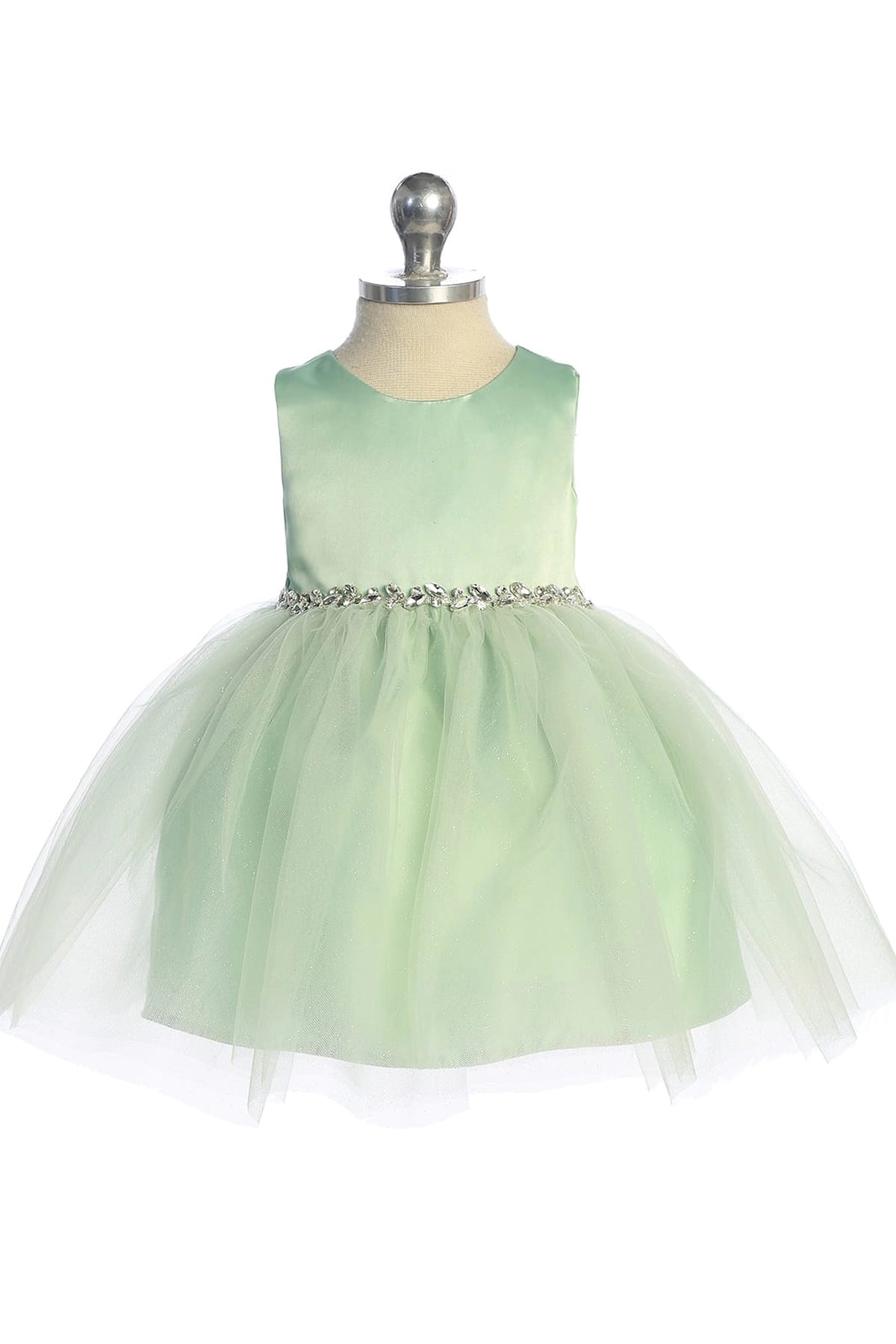 Seen from the front, this Sage kids pageant dress displays a satin bodice and sparkling tulle skirt.